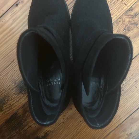 Stuart Weitzman Suede Black Bootie with Black Gunmetal Buckle, Block Heel, 5. - Picture 10 of 14